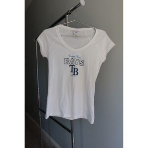 Tampa Bay Rays MLB Women's V-Neck White Rhinestone T-Shirt Medium Campus